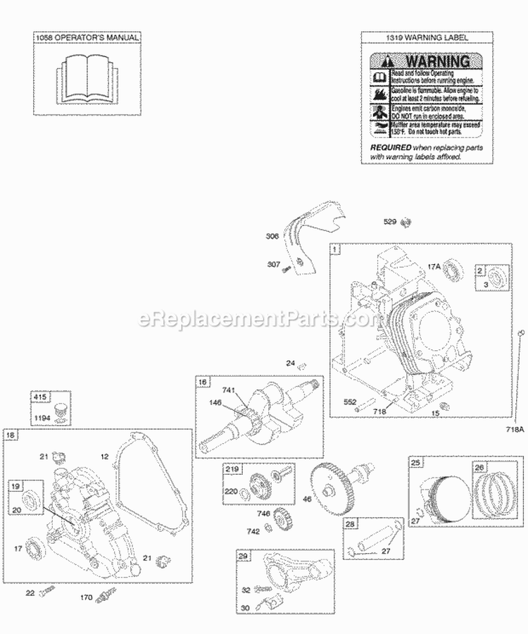 Camshaft Crankcase Cover Crankshaft Cylinder Lubrication OperatorS Manual PistonRingsConnecting Rod Warning Label Diagram and Parts List for 207432-0115-E1  Briggs and Stratton Engine